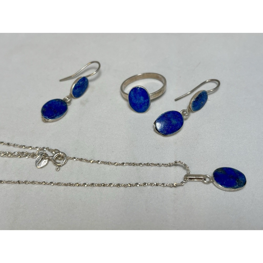 Sterling Silver & Lapis Lazuli Necklace, Ring & Earrings